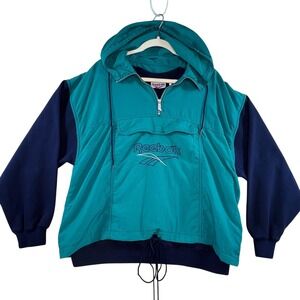 Vintage Reebok Windbreaker Jacket Mens M Teal Hooded Half Zip 90s‎